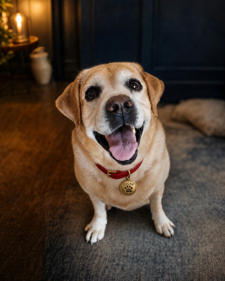 Oscar sitting happily and looking up with his familiar joyful smile